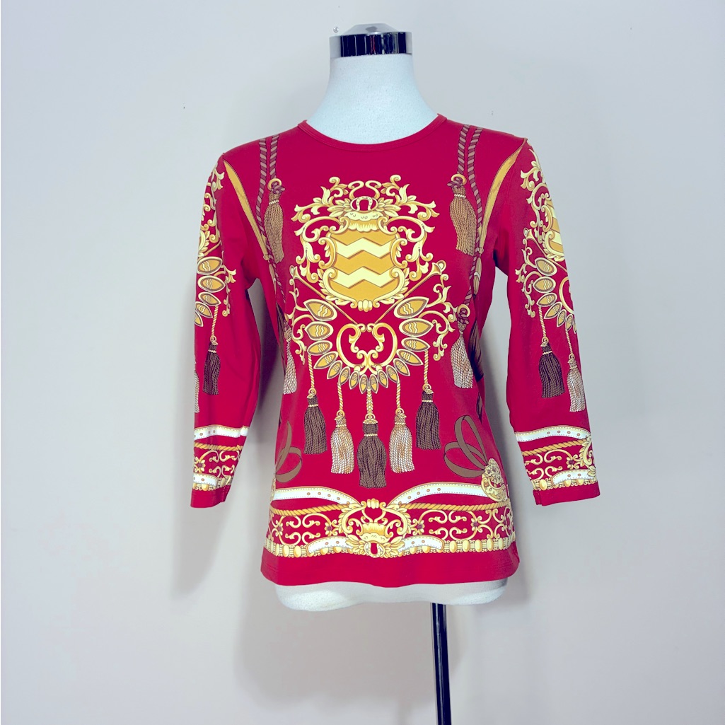 J. Mclaughlin Red & Gold Baroque Tassel-Print Long Sleeve Top